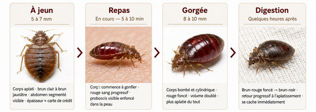 Punaise de lit avant, pendant et après un repas de sang, montrant l’évolution de sa taille, forme et couleur.
