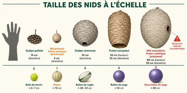 Comparaison des tailles de nids de guêpes et frelons à l’échelle