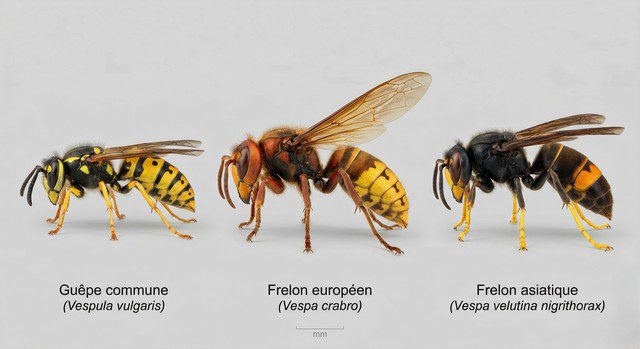 Comparaison visuelle entre une guêpe, un frelon européen (Vespa crabro) et un frelon asiatique (Vespa velutina), alignés côte à côte sur fond neutre pour illustrer leurs différences physiques.