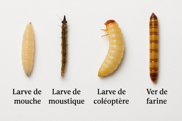 Comparaison visuelle entre une larve de mouche et d'autres larves similaires - couleur, taille, texture et forme pour éviter toute confusion lors de l'identification. Comparaison visuelle entre une larve de mouche et d'autres larves similaires - couleur, taille, texture et forme pour éviter toute confusion lors de l'identification.