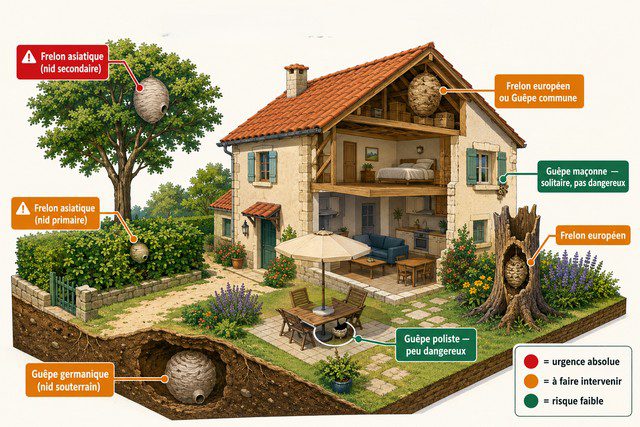 Où trouver les nids de guêpes et frelons autour d’une maison
