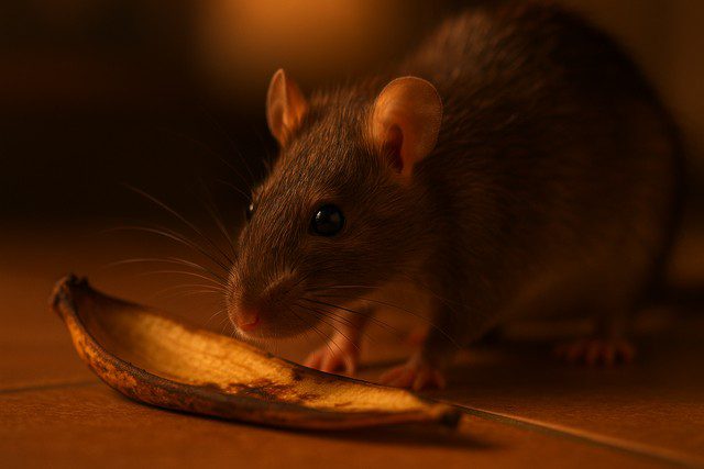 Rat reniflant une peau de banane sur le sol — illustration de l’alimentation du rat et de son attrait pour les fruits mûrs Rat reniflant une peau de banane sur le sol — illustration de l’alimentation du rat et de son attrait pour les fruits mûrs