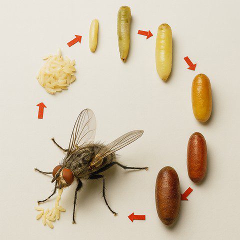 cycle complet avec oeuf de mouche pondre, larve, pupe et adulte cycle complet avec oeuf de mouche pondre, larve, pupe et adulte