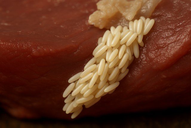 oeuf de mouche pondre - amas crémeux fixé sur surface de viande fraîche oeuf de mouche pondre - amas crémeux fixé sur surface de viande fraîche