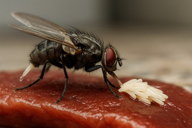 oeuf de mouche pondre - macro d’une mouche déposant ses œufs sur morceau de bœuf oeuf de mouche pondre - macro d’une mouche déposant ses œufs sur morceau de bœuf