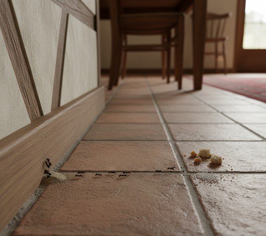 File de fourmis entrant par une fissure dans une cuisine carrelée avec des miettes, infestation typique dans le Grand Est