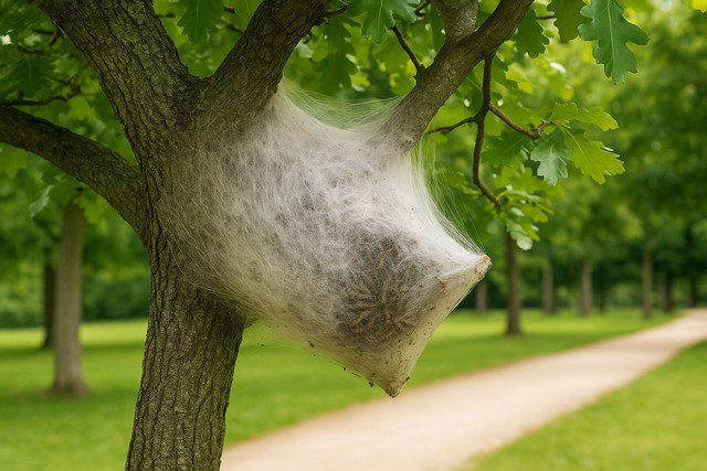 Nid de chenilles processionnaires du chêne fixé à la base d’une branche, masse soyeuse blanche translucide laissant deviner les larves à l’intérieur, arbre de parc.