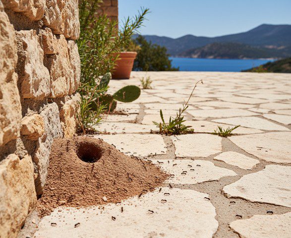 Nid de fourmis près d’un mur en pierre sur une terrasse en Corse