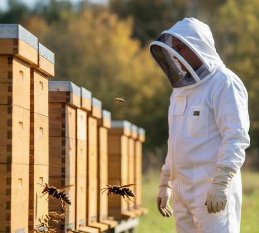 Apiculteur surveillant l'activité de frelons asiatiques devant ses ruches