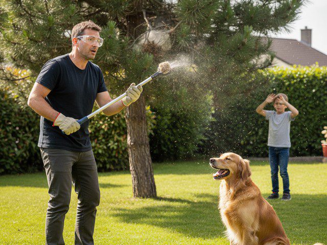Homme sans combinaison ni masque professionnel, tente de retirer le petit nid à l’aide d’un bâton