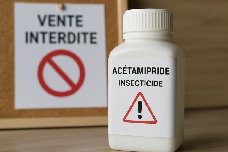 Image d’un produit insecticide contenant de l’acétamipride, posée devant un panneau