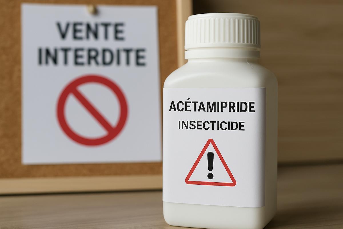 Image d’un produit insecticide contenant de l’acétamipride, posée devant un panneau Image d’un produit insecticide contenant de l’acétamipride, posée devant un panneau
