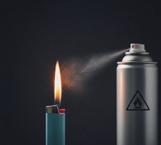 Spray inflammable au contact d’une flamme de briquet — risque d’embrasement en intérieur