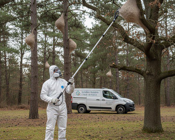 Technicien de désinsectisation qui intervient contre les chenilles processionnaires dans les Hauts-de-France Technicien de désinsectisation qui intervient contre les chenilles processionnaires dans les Hauts-de-France
