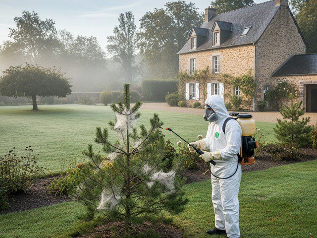 Technicien de désinsectisation se préparant à intervenir dans un jardin du Grand Est Technicien de désinsectisation se préparant à intervenir dans un jardin du Grand Est