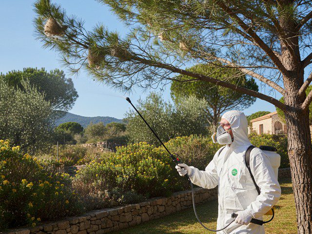 Technicien en pleine intervention contre les henilles processionnaires en Corse