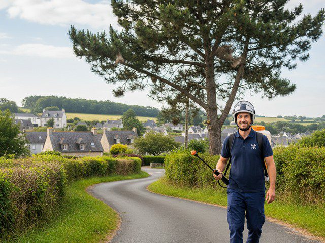 Technicien qui arrive sur une route de campagne bretonne, pret à intervenir Technicien qui arrive sur une route de campagne bretonne, pret à intervenir