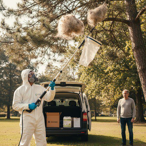 image d'un professionnel en action face un individu simple pour le traitement des chenilles processionnaires