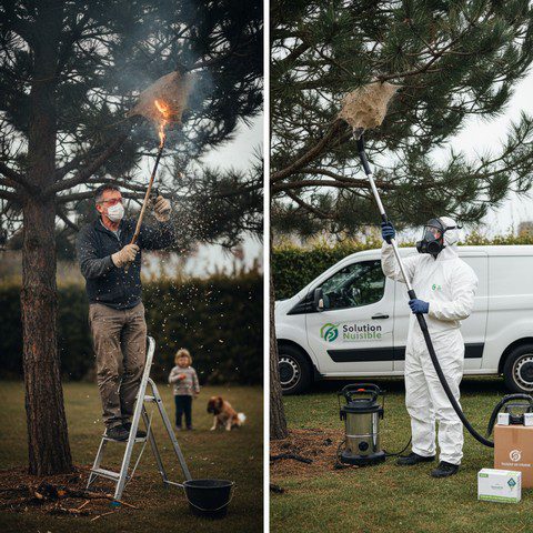 image qui illustre de manière contrastée les dangers des méthodes fait maison et l'efficacité d'une intervention professionnelle pour le traitement des chenilles processionnaires