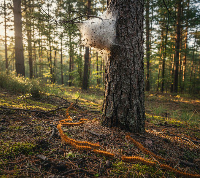 nid de chenille processionnaire (terrain boisé, relief, sol forestier)