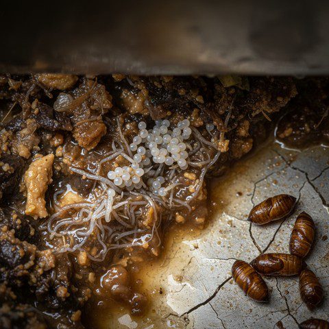 nid-de-mouches-larves-oeufs-pupes-dechets-humides Un nid de mouches domestiques avec œufs blancs, larves blanchâtres et pupes brunes dans une zone humide de déchets organiques en décomposition, sous évier