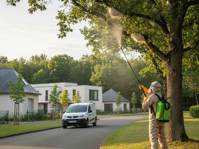 technicien anti-nuisible en pleine désinsectisation dans un environnement des Pays de la Loire