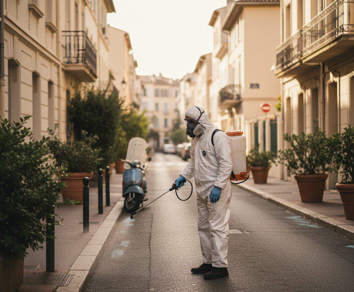 Agent de démoustication effectuant un traitement préventif dans le sud de la France, face à la propagation du moustique tigre