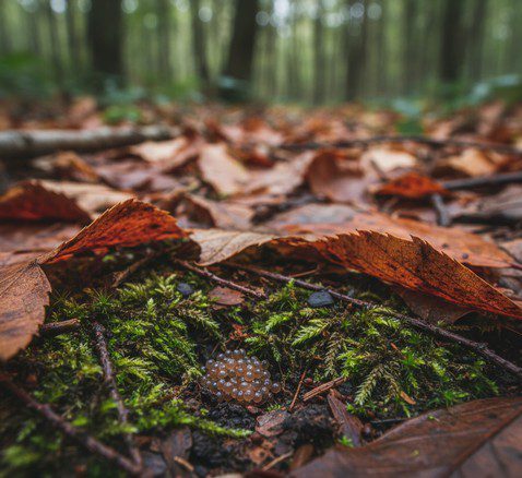 Amas d’œufs de tique niché sous des feuilles humides