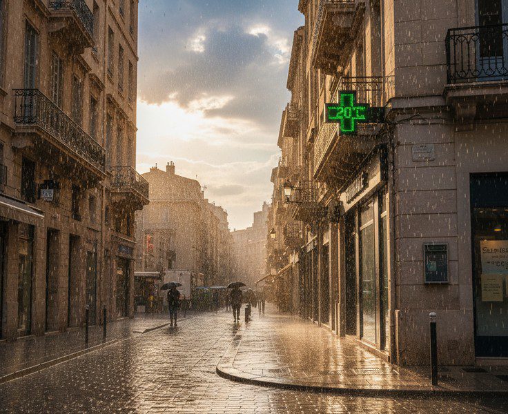 Averse au coucher du soleil dans une rue française à 20 °C, automne doux et décalage des saisons Averse au coucher du soleil dans une rue française à 20 °C, automne doux et décalage des saisons