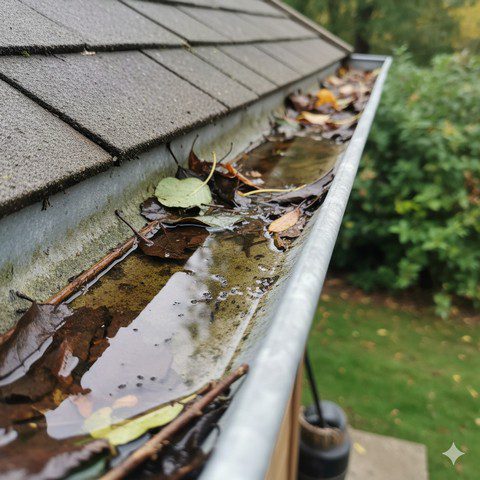 Gouttière remplie d’eau stagnante, de débris et d’œufs de moustiques collés sur les parois