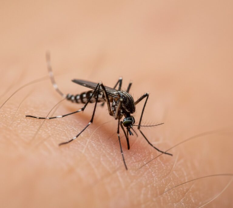 Gros plan d’un moustique tigre (Aedes albopictus) piquant la peau humaine, vecteur principal du virus chikungunya en France métropolitaine.