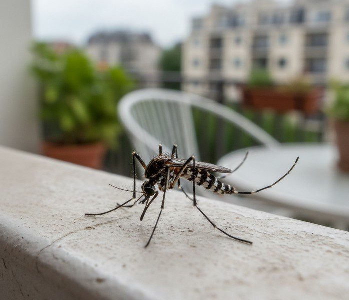 Gros plan sur un moustique tigre (Aedes albopictus) posé sur un rebord de balcon en ville, vecteur du virus chikungunya.