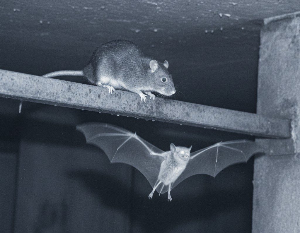 Image de caméra de surveillance montrant un rat brun prêt à attraper une chauve-souris en plein vol dans une grotte urbaine Image de caméra de surveillance montrant un rat brun prêt à attraper une chauve-souris en plein vol dans une grotte urbaine