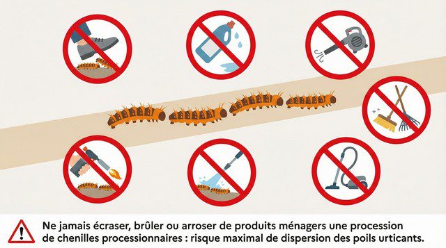 Infographie – gestes interdits avec une procession de chenilles processionnaires au sol