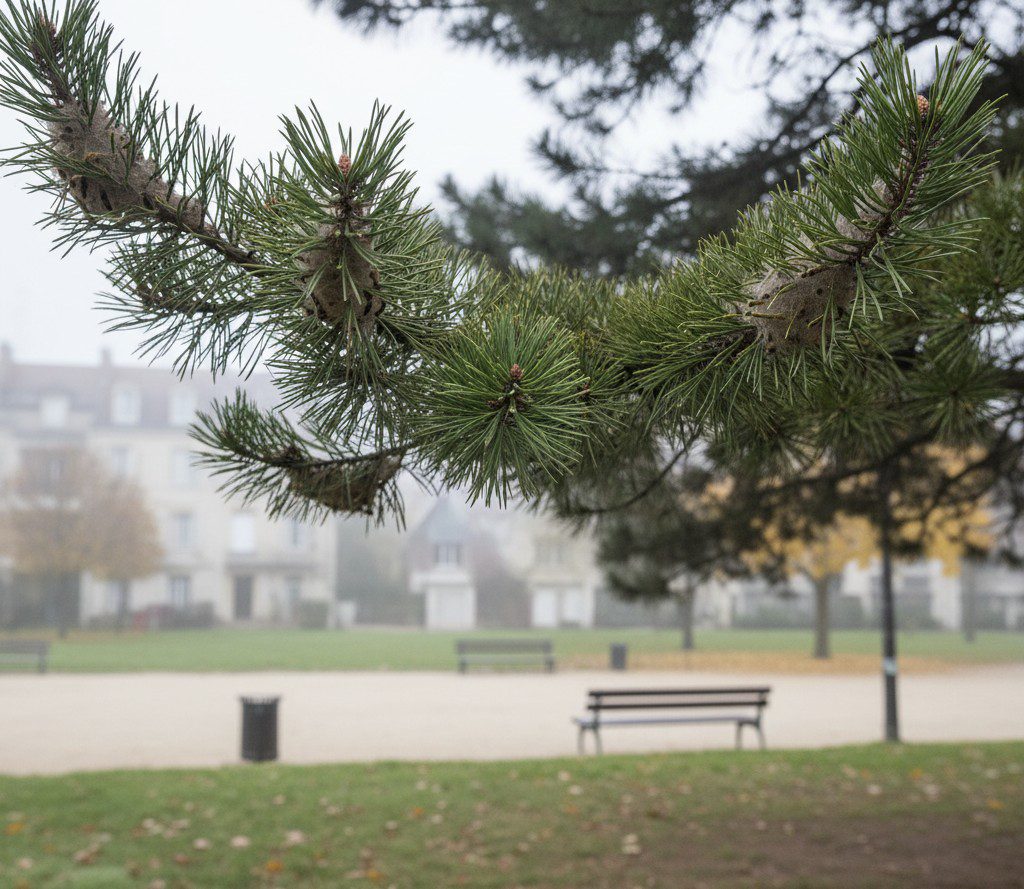 Nids hivernaux de chenilles processionnaires du pin visibles en novembre dans un parc urbain Nids hivernaux de chenilles processionnaires du pin visibles en novembre dans un parc urbain