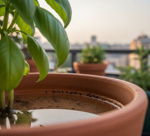 Œufs de moustique tigre collés sur la paroi d’une soucoupe de pot de fleur contenant de l’eau stagnante.