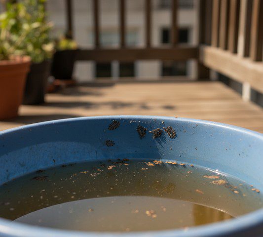 Œufs de moustique visibles sur les parois d’un seau bleu contenant de l’eau stagnante