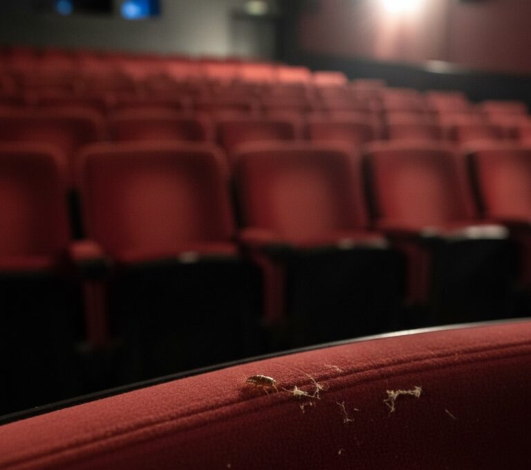 Punaise de lit visible sur le dossier d’un siège dans une salle de cinéma vide