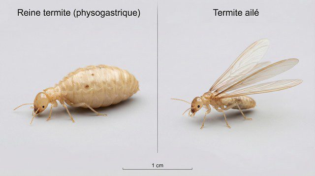 Comparatif photo - reine termite physogastrique sans ailes vs termite ailé reproducteur avec quatre ailes.