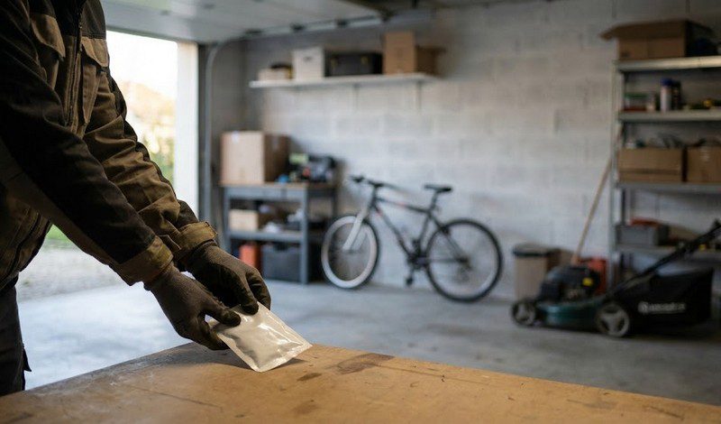 Dans un garage, un particulier pose un sachet blanc scellé sur un établi