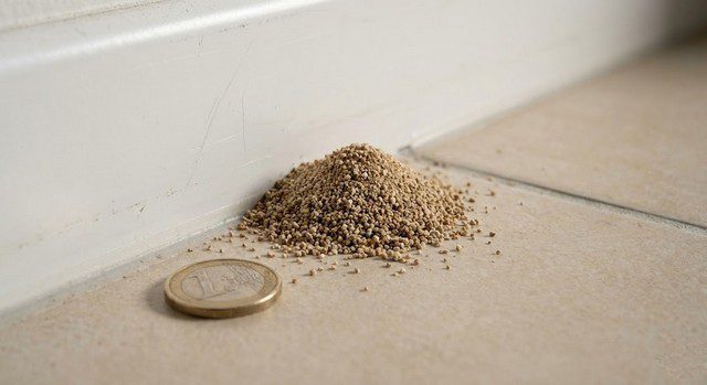 Excréments de termites au pied d’une plinthe avec pièce de 1€