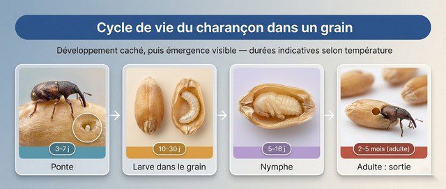 Infographie chronologique montrant le cycle du charançon dans un grain - ponte, larve cachée, nymphe, puis adulte qui perce et sort, avec durées indicatives par étape