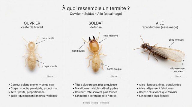 Infographie comparative des caractéristiques physiques des termites ouvriers, soldats et ailés.