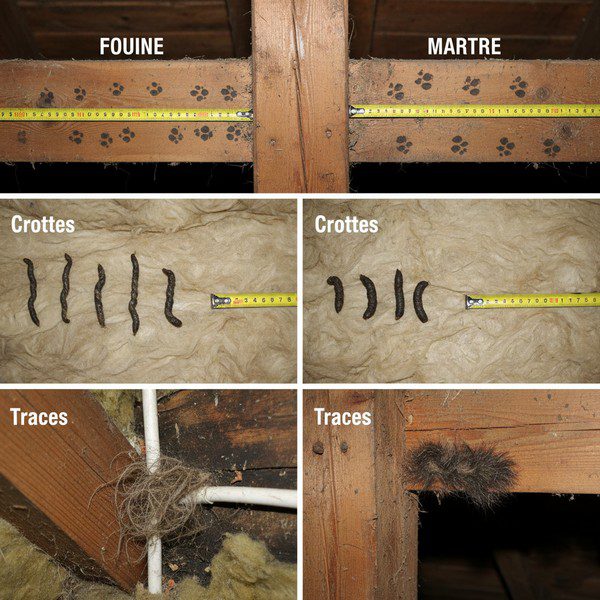 Infographie comparative montrant les différences entre traces de fouine et de martre -empreintes, crottes et passages