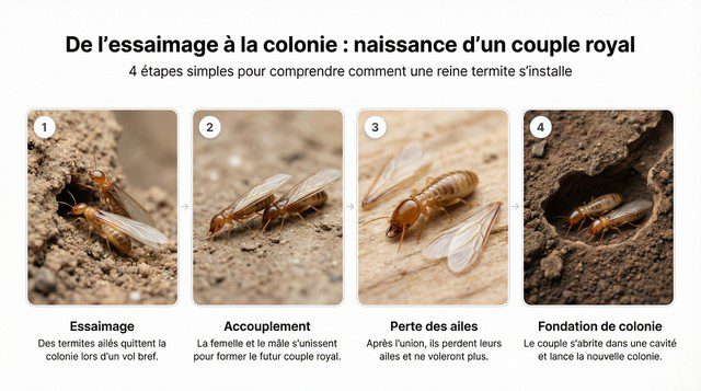 Infographie en 4 étapes montrant la création d’un couple royal de termites -essaimage, accouplement, perte des ailes, fondation de colonie.