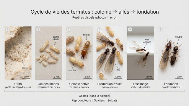 Infographie montrant le cycle de vie complet des termites, de l'œuf à la fondation d'une nouvelle colonie par des ailés