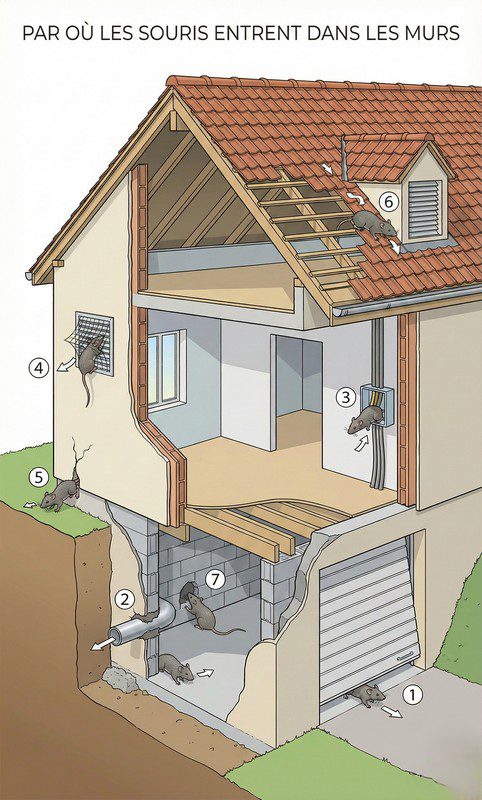Infographie montrant les principaux points d’entrée des souris dans les murs bas de portes, passages de tuyaux, gaines électriques, grilles d’aération, fissures en pied de façade, toiture et caves.