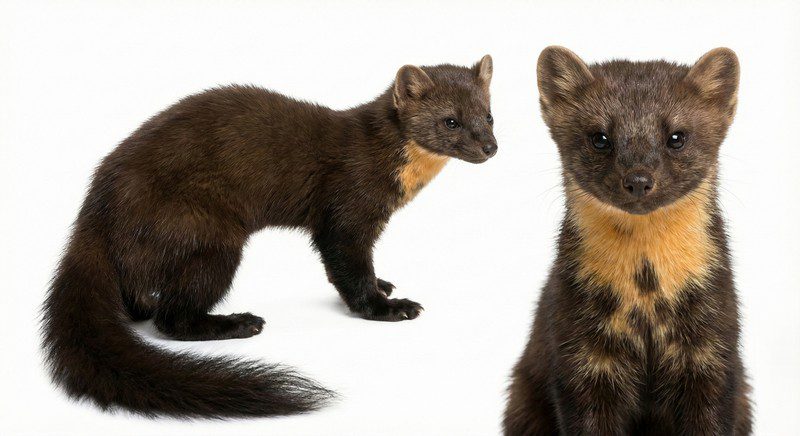 Martre des pins vue de profil et de face avec bavette jaune