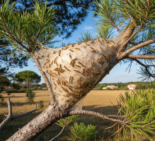 Nid de chenilles processionnaires fixé sur une branche de pin dans un jardin