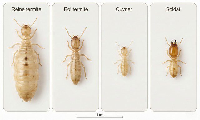 Planche comparative - reine termite physogastrique, roi termite, ouvrier et soldat